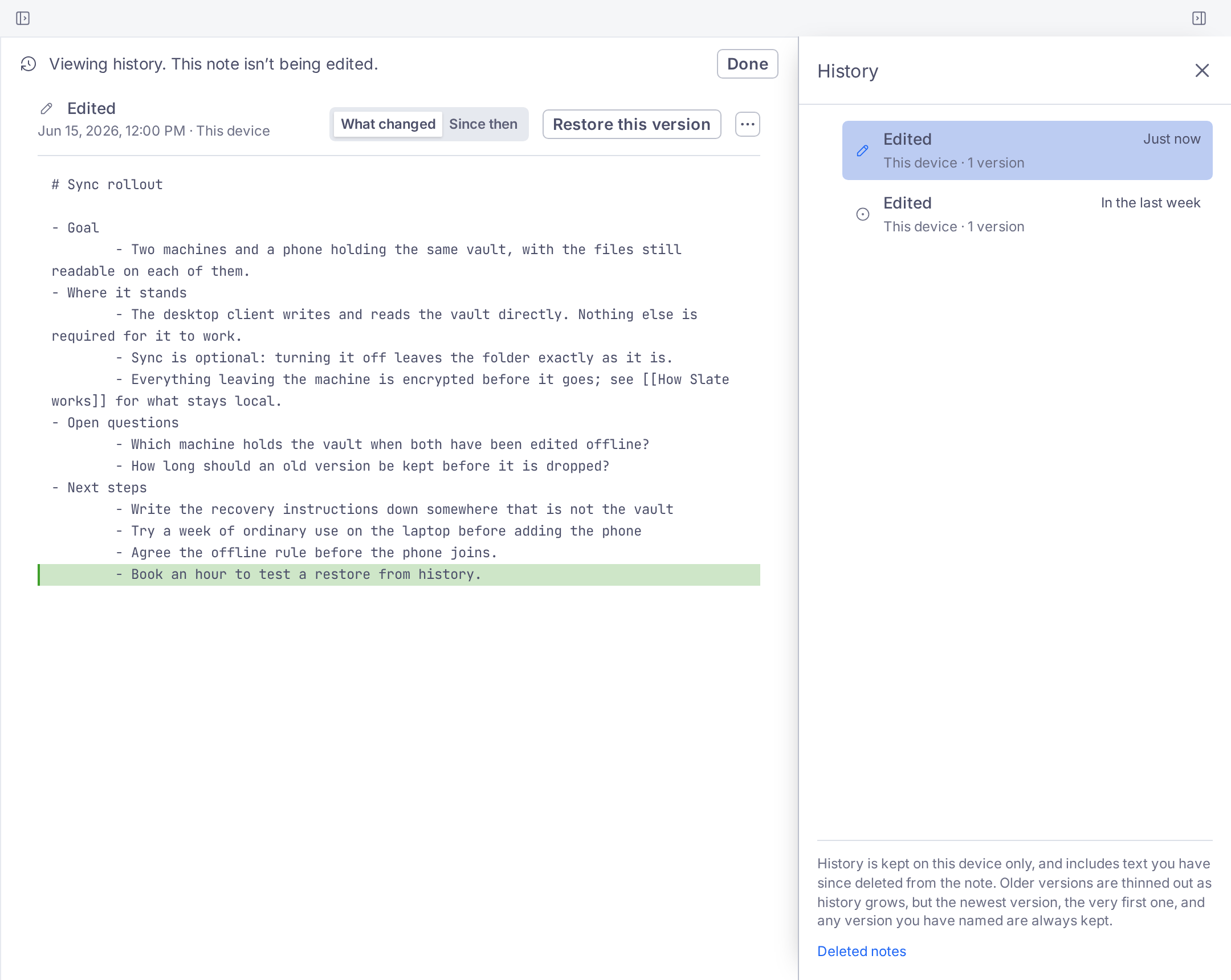 Note history, with an earlier version of a page compared with the current one.