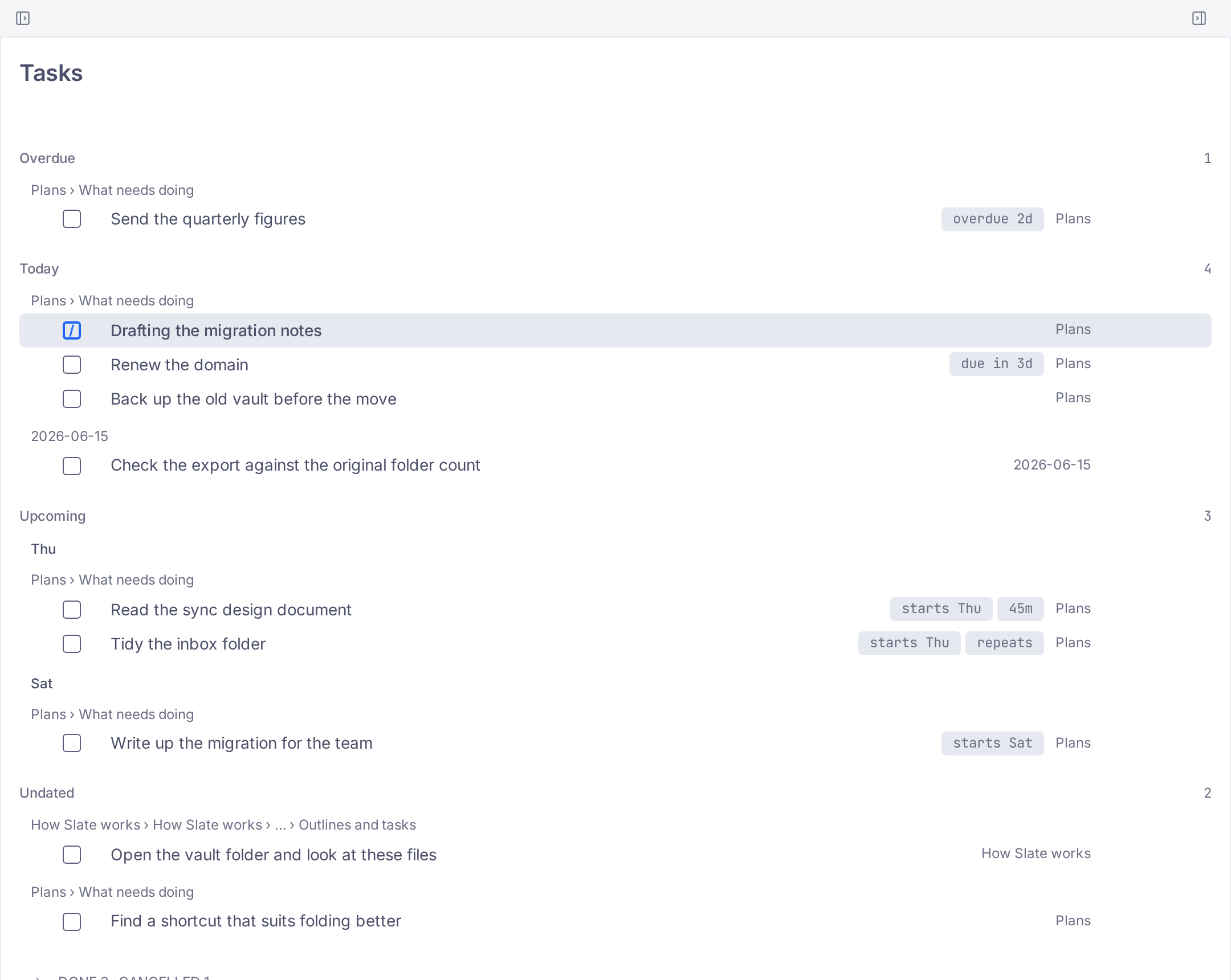 The task agenda, with tasks grouped under overdue, today, upcoming and undated.